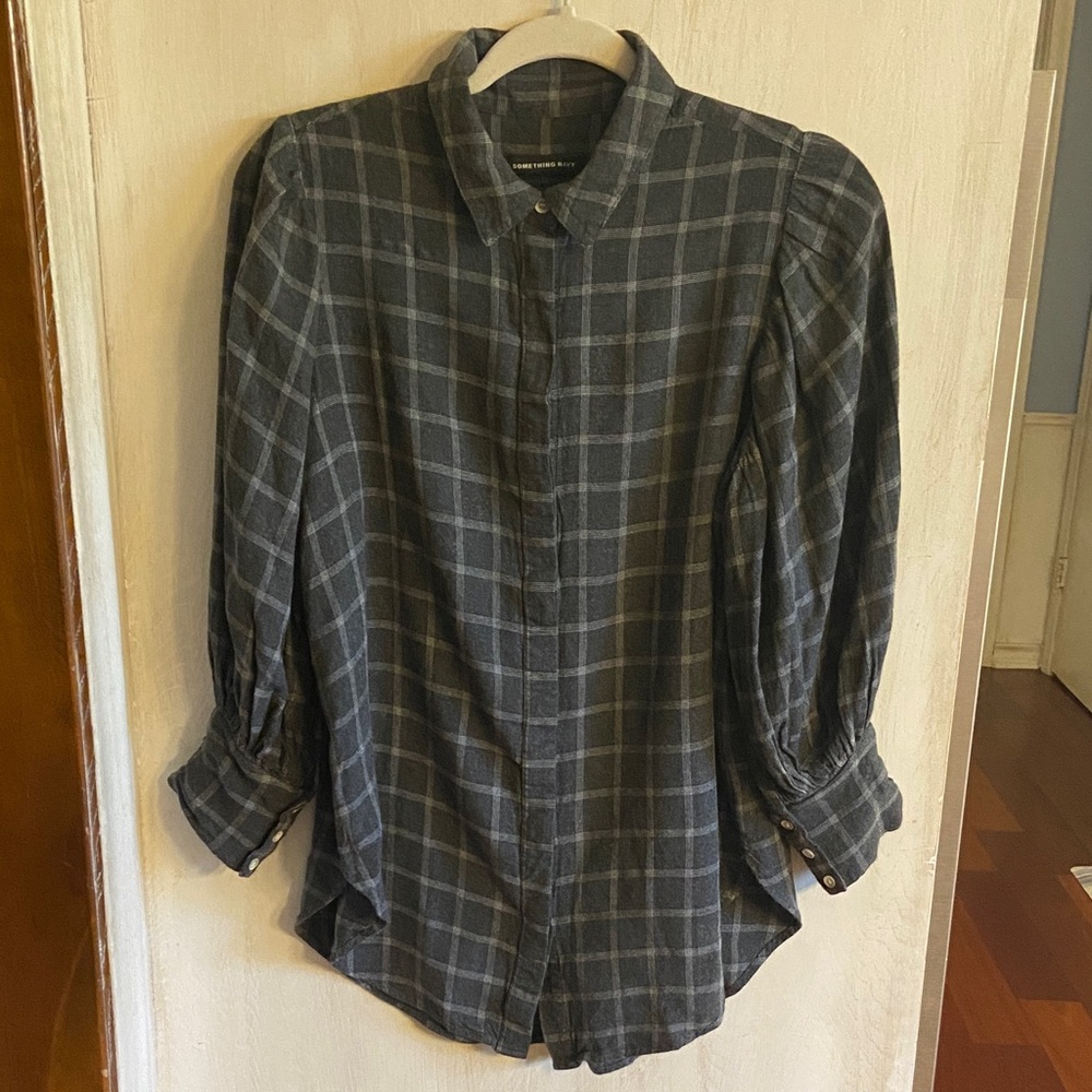 Something Navy Gray Plaid Button-Front Blouse Sma… - image 2